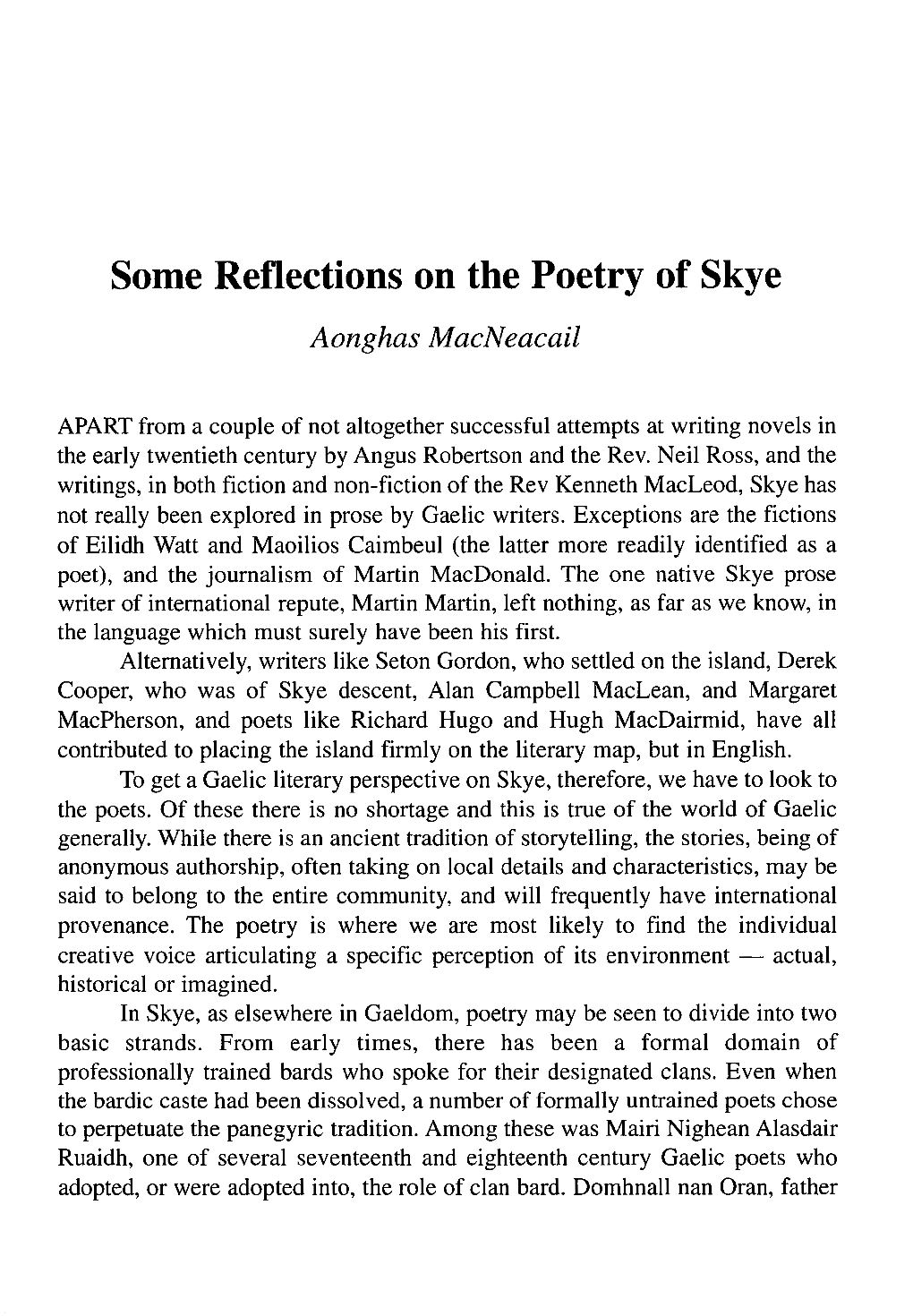 Some Reflections on the Poetry of Skye Aonghas Macneacail