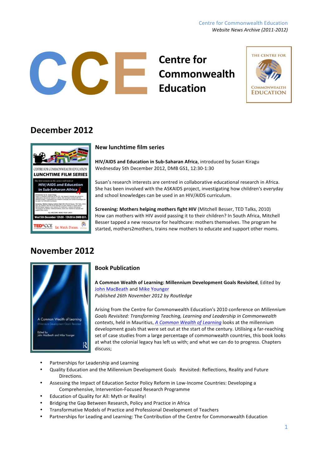 Centre for Commonwealth Education Website News Archive (2011-2012)