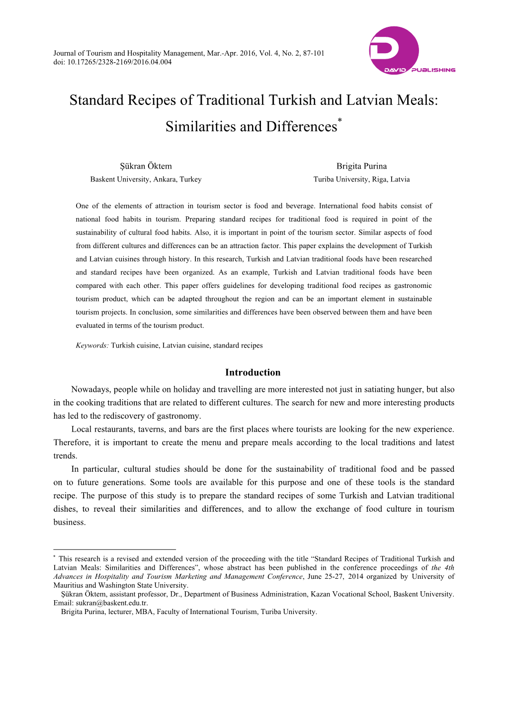 Standard Recipes of Traditional Turkish and Latvian Meals: Similarities and Differences*