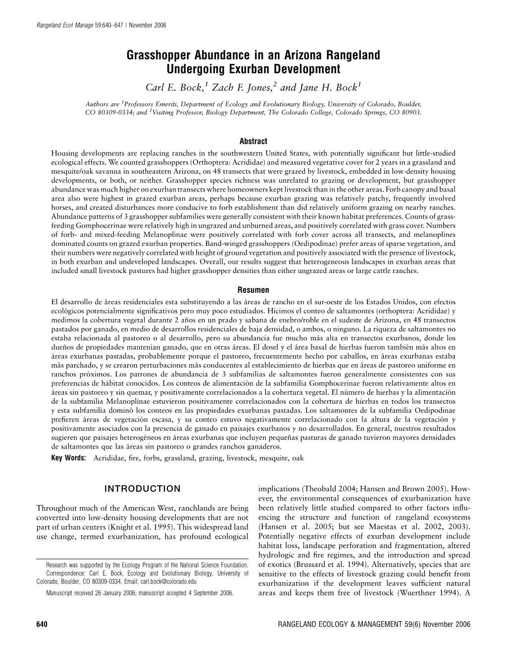 Grasshopper Abundance in an Arizona Rangeland Undergoing Exurban Development Carl E