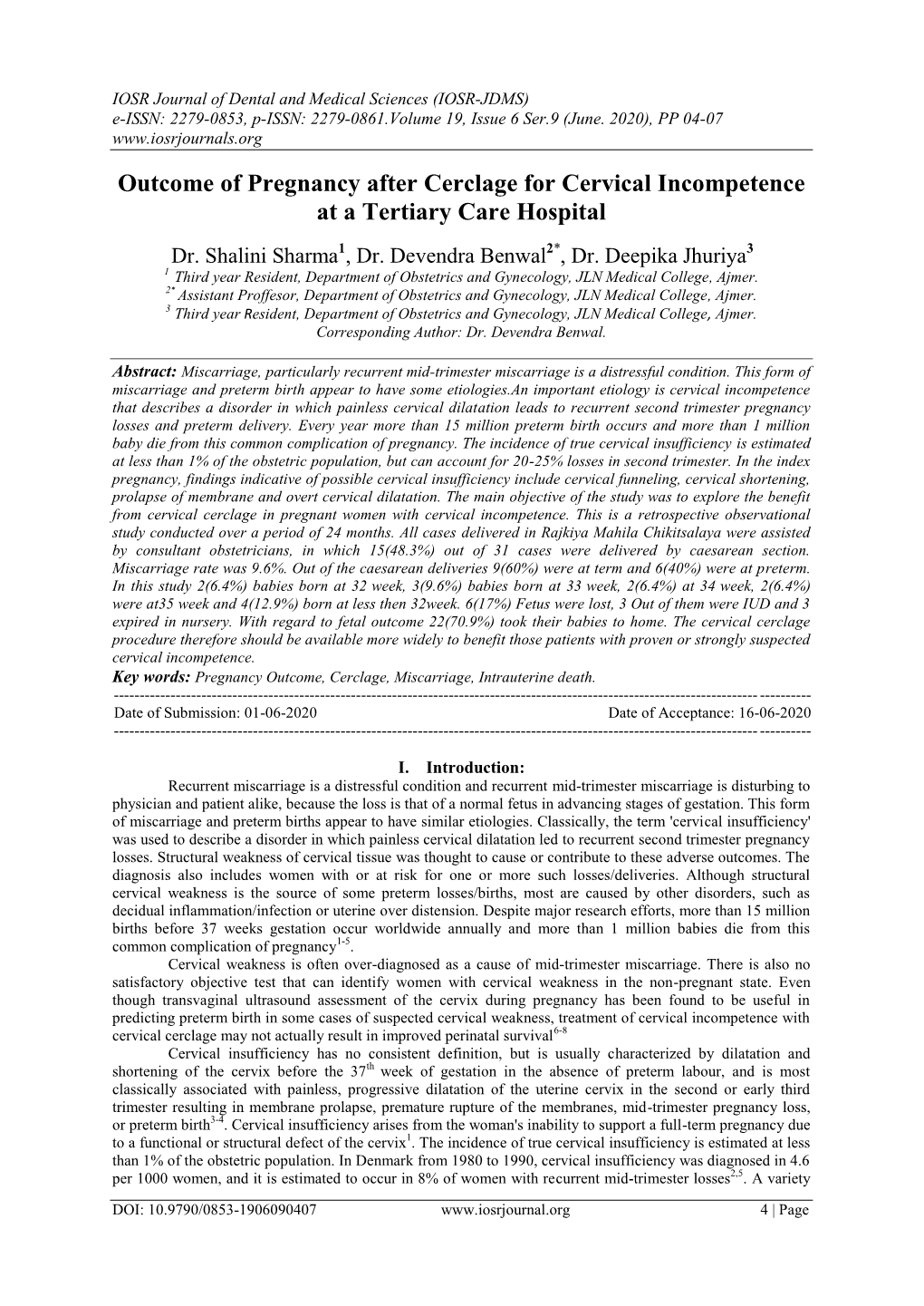 Outcome of Pregnancy After Cerclage for Cervical Incompetence at a Tertiary Care Hospital