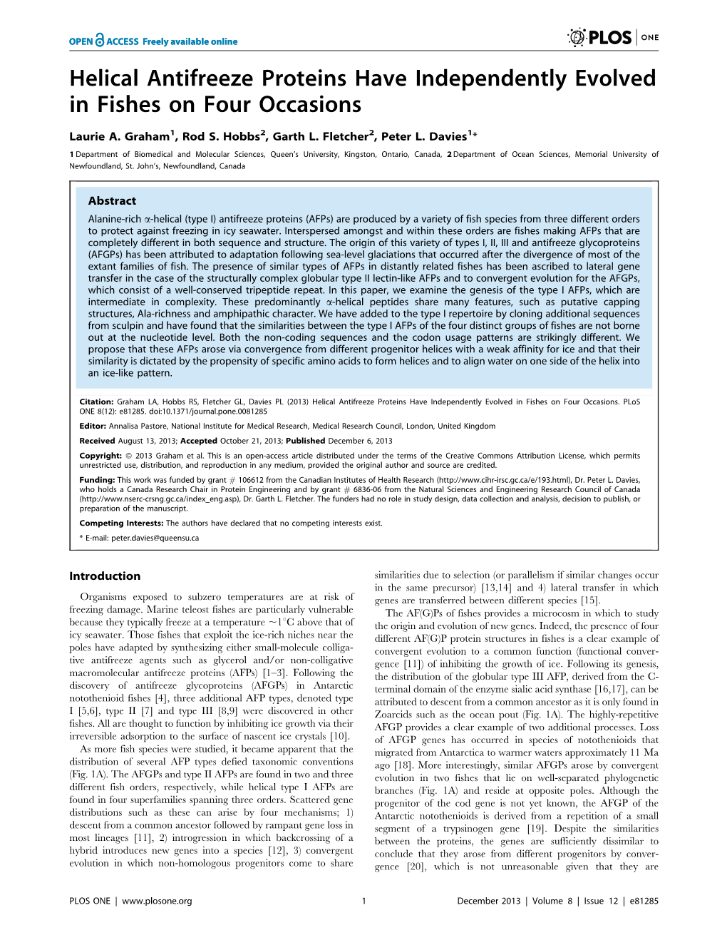 Helical Antifreeze Proteins Have Independently Evolved in Fishes on Four Occasions