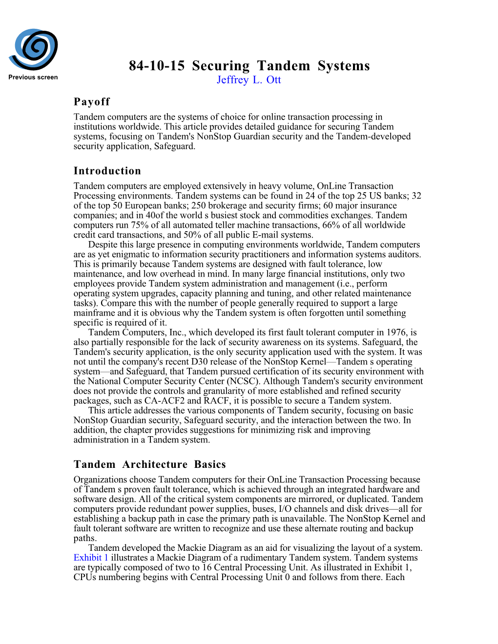 Securing Tandem Systems Previous Screen Jeffrey L