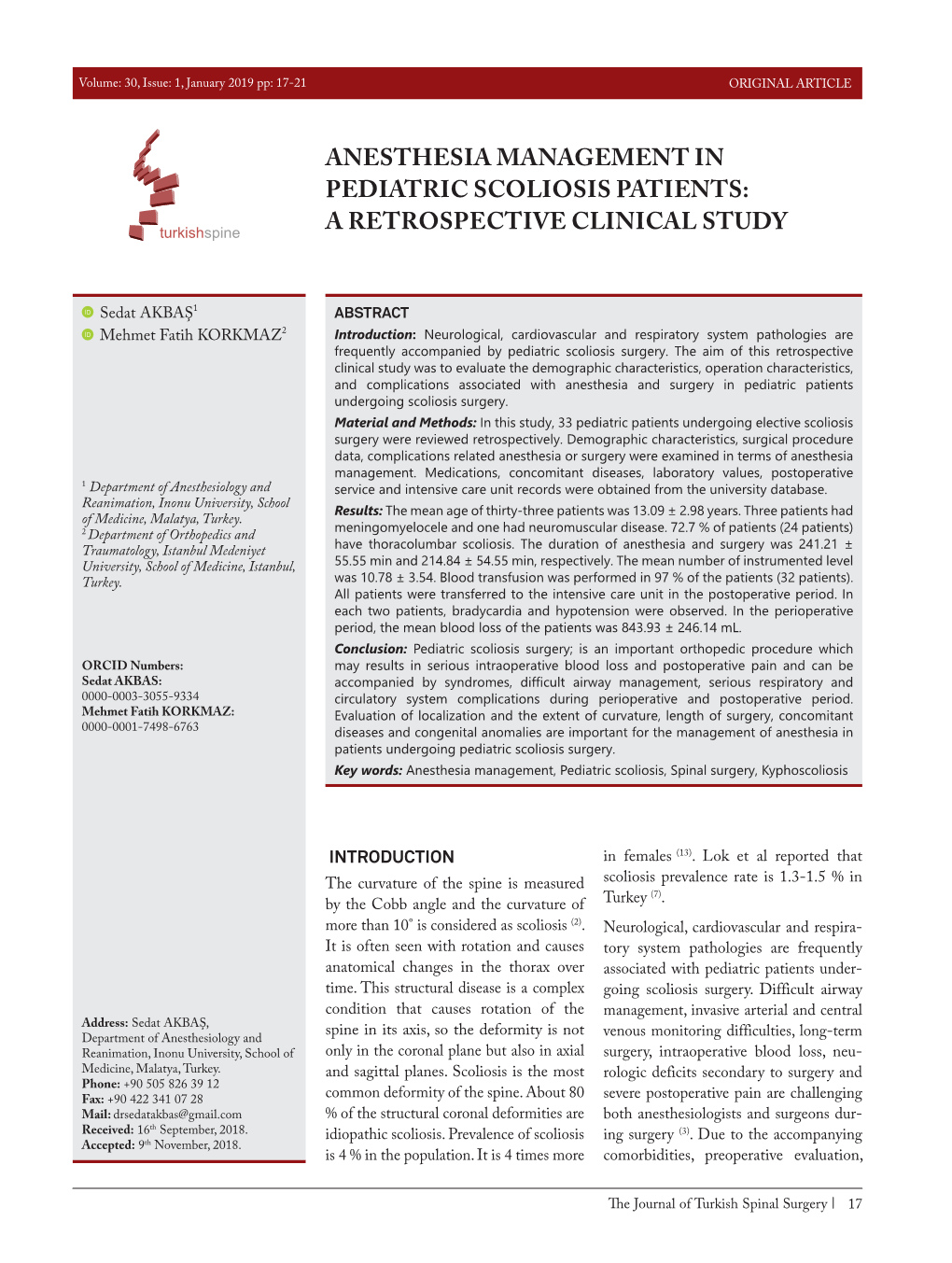 Anesthesia Management in Pediatric Scoliosis Patients: a Retrospective Clinical Study