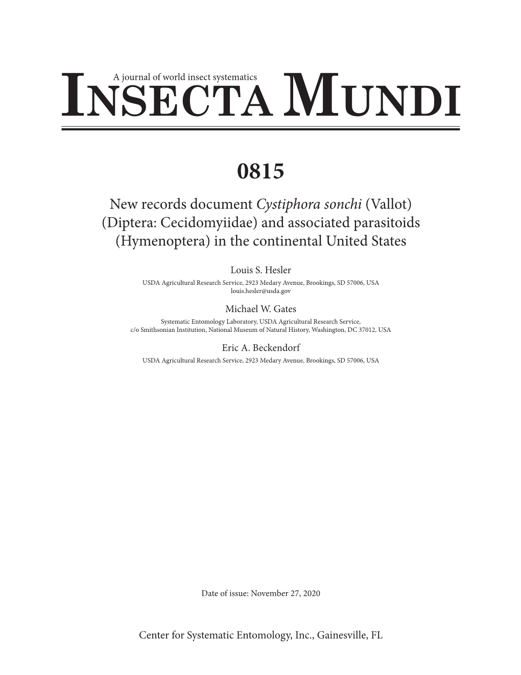 Cystiphora Sonchi (Vallot) Page Count: 8 (Diptera: Cecidomyiidae) and Associated Parasitoids (Hymenoptera) in the Continental United States