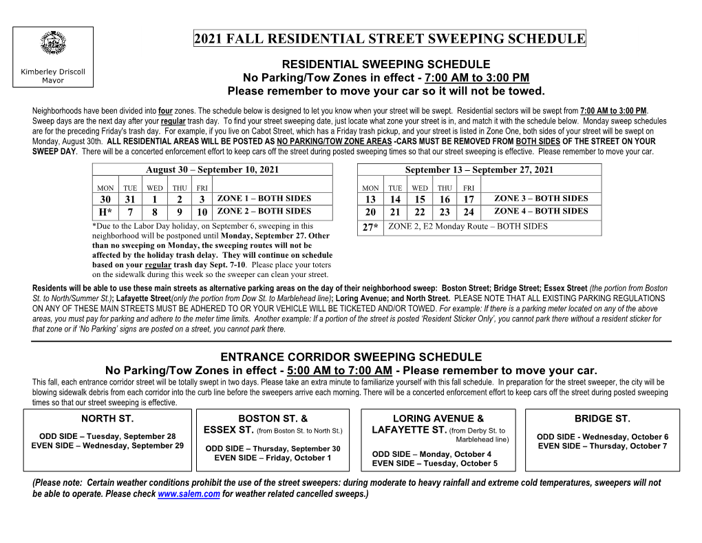 2021 Fall Residential Street Sweeping Schedule