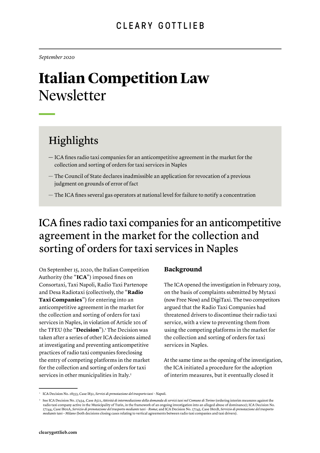 Italian Competition Law Newsletter — Highlights