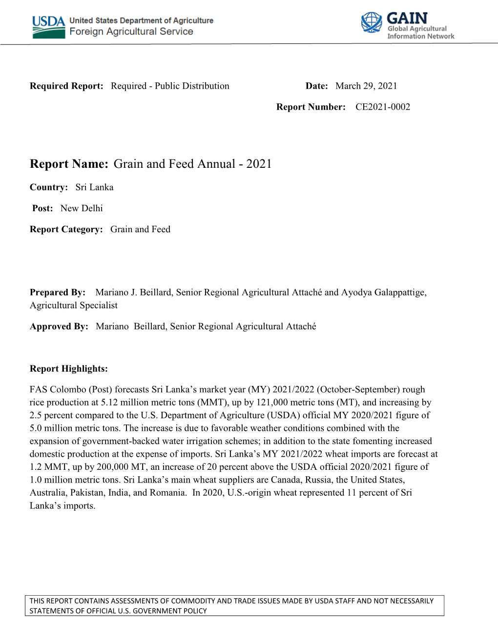 Sri Lanka Grain and Feed Annual – 2021