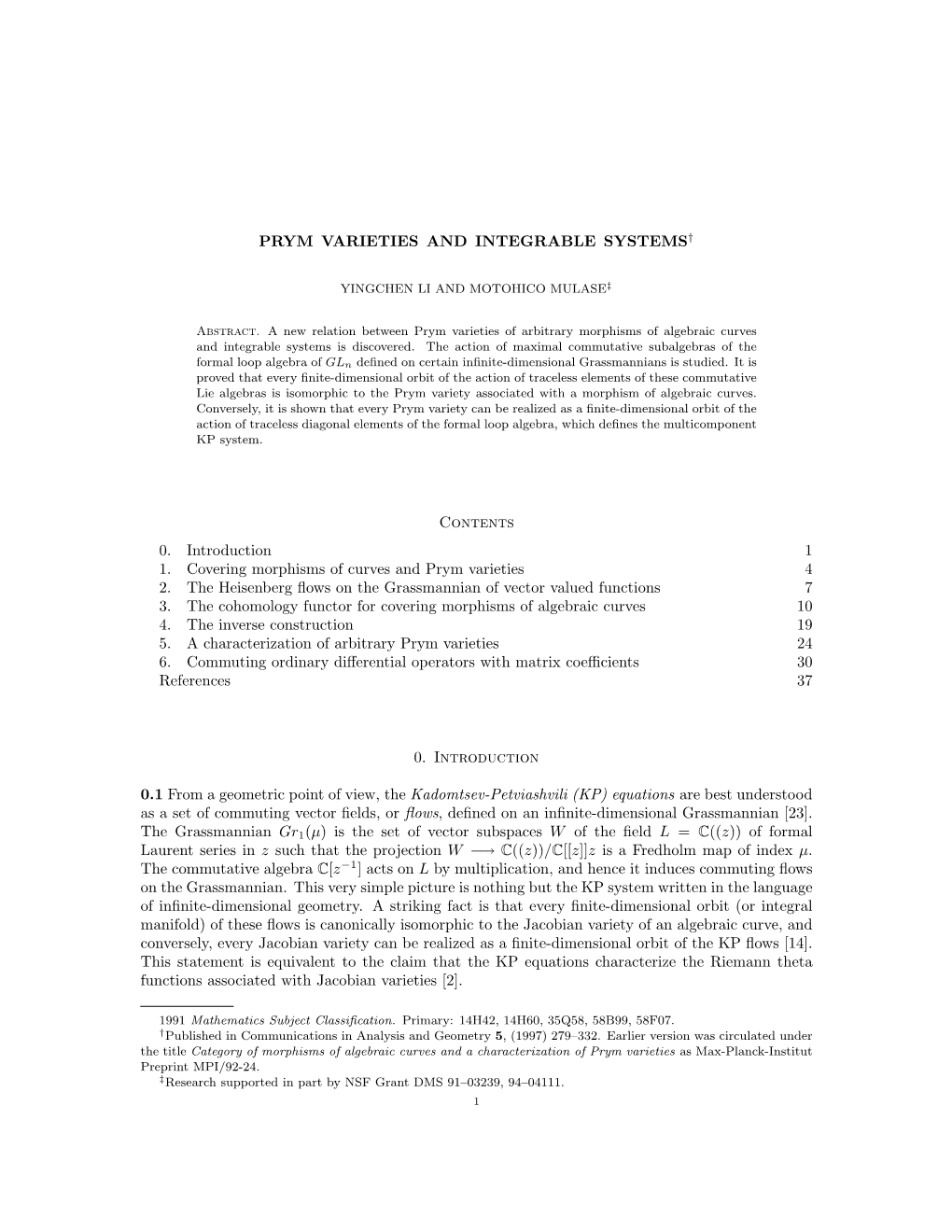 PRYM VARIETIES and INTEGRABLE SYSTEMS† Contents 0. Introduction 1 1. Covering Morphisms of Curves and Prym Varieties 4 2