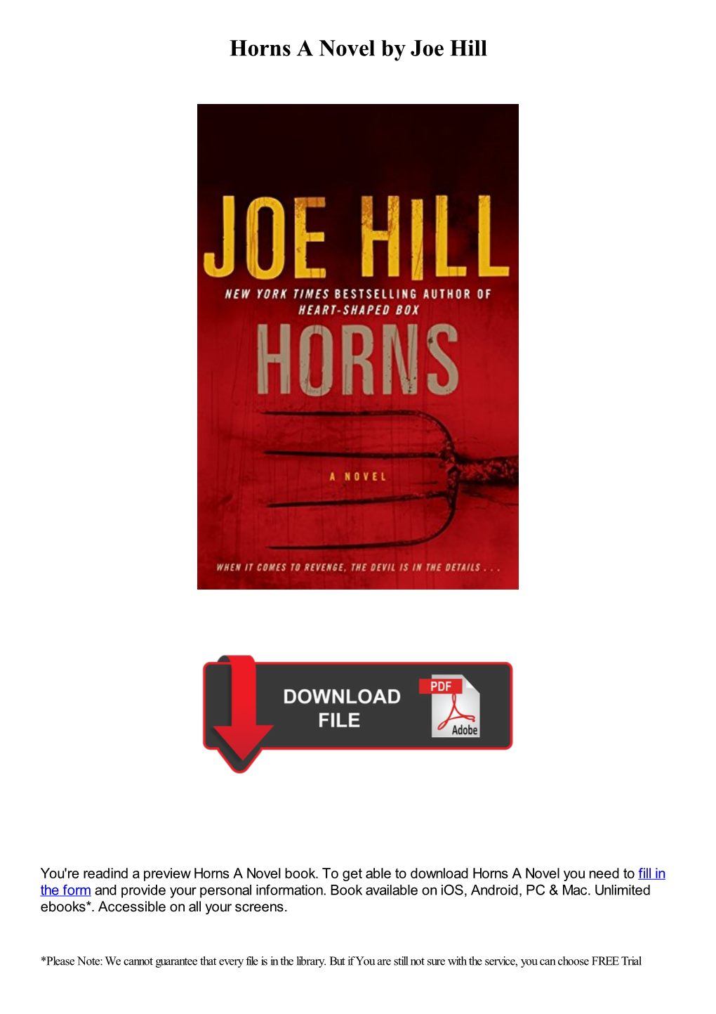 Horns a Novel by Joe Hill