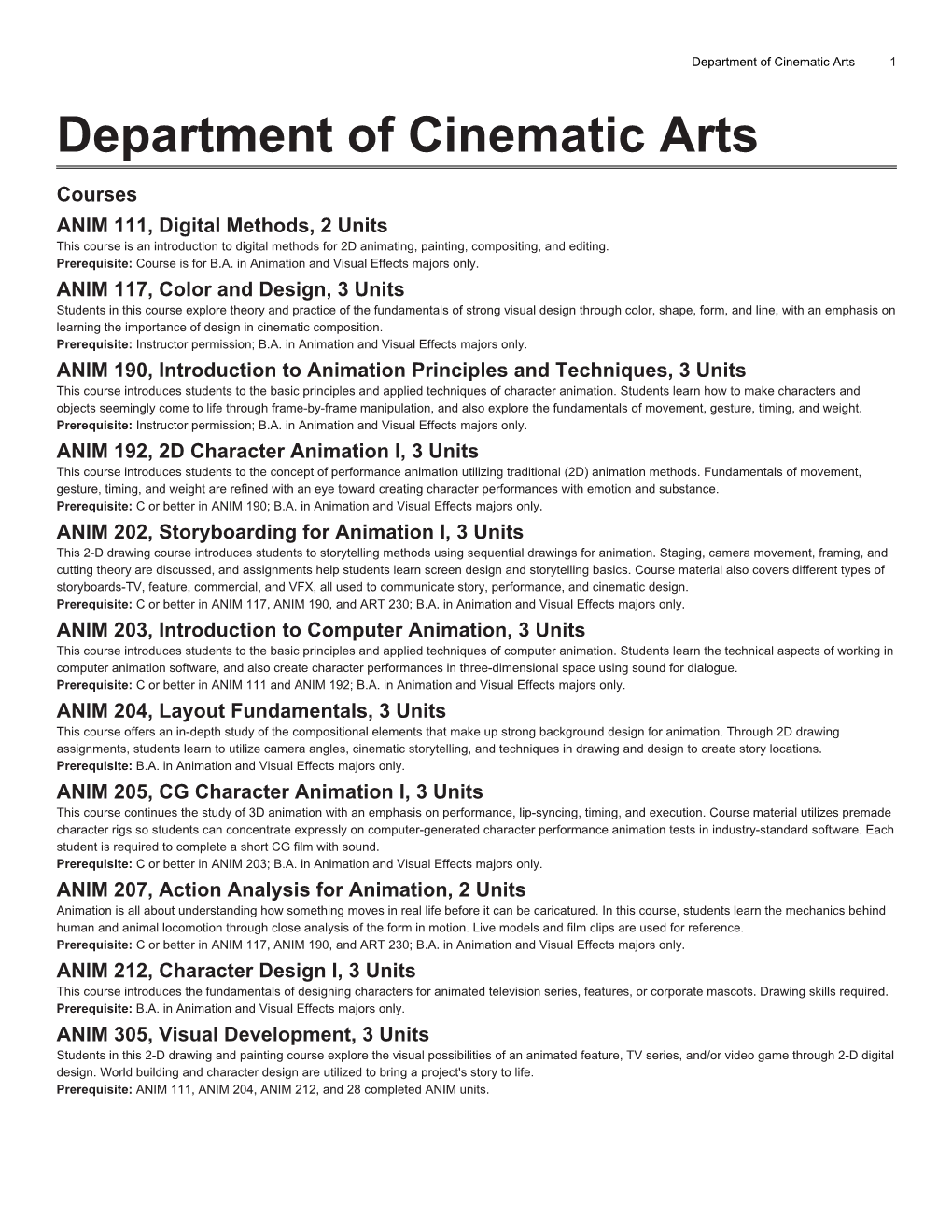 Department of Cinematic Arts 1 Department of Cinematic Arts