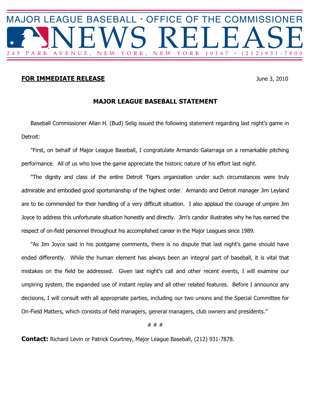 For Immediate Release Major League Baseball