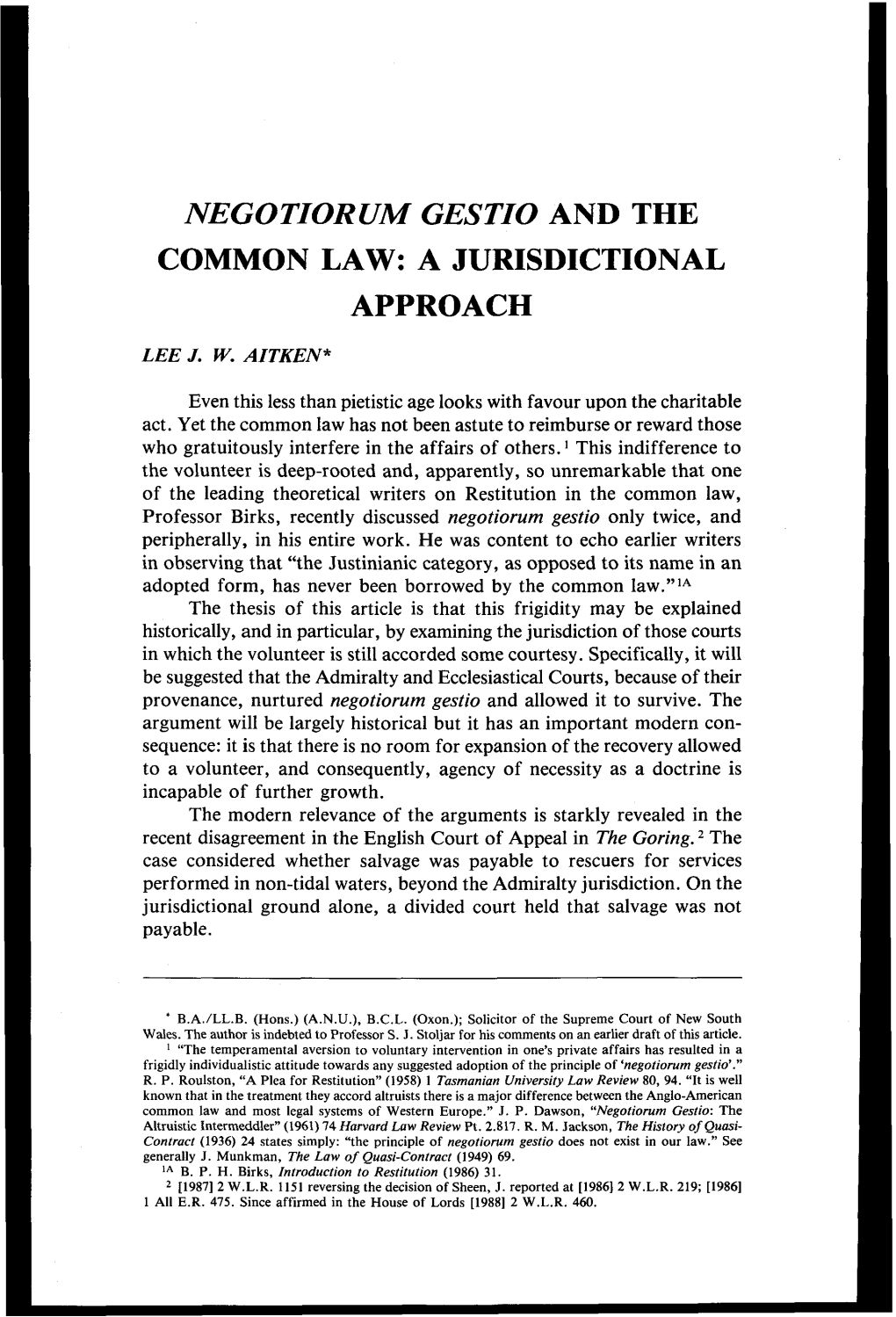 Negotiorum Gestio and the Common Law: a Jurisdictional Approach