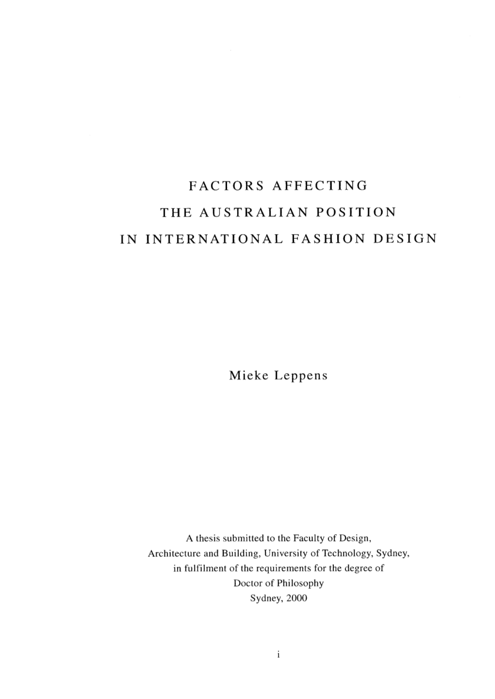 Factors Affecting the Australian Position in International Fashion Design