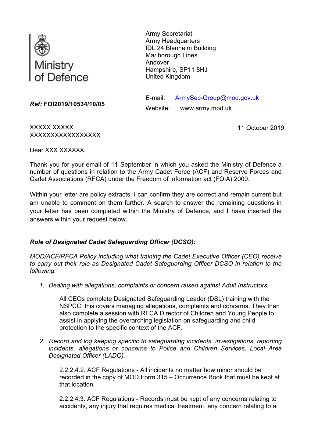 Information Regarding the Army Cadet Force and the Reserve Forces