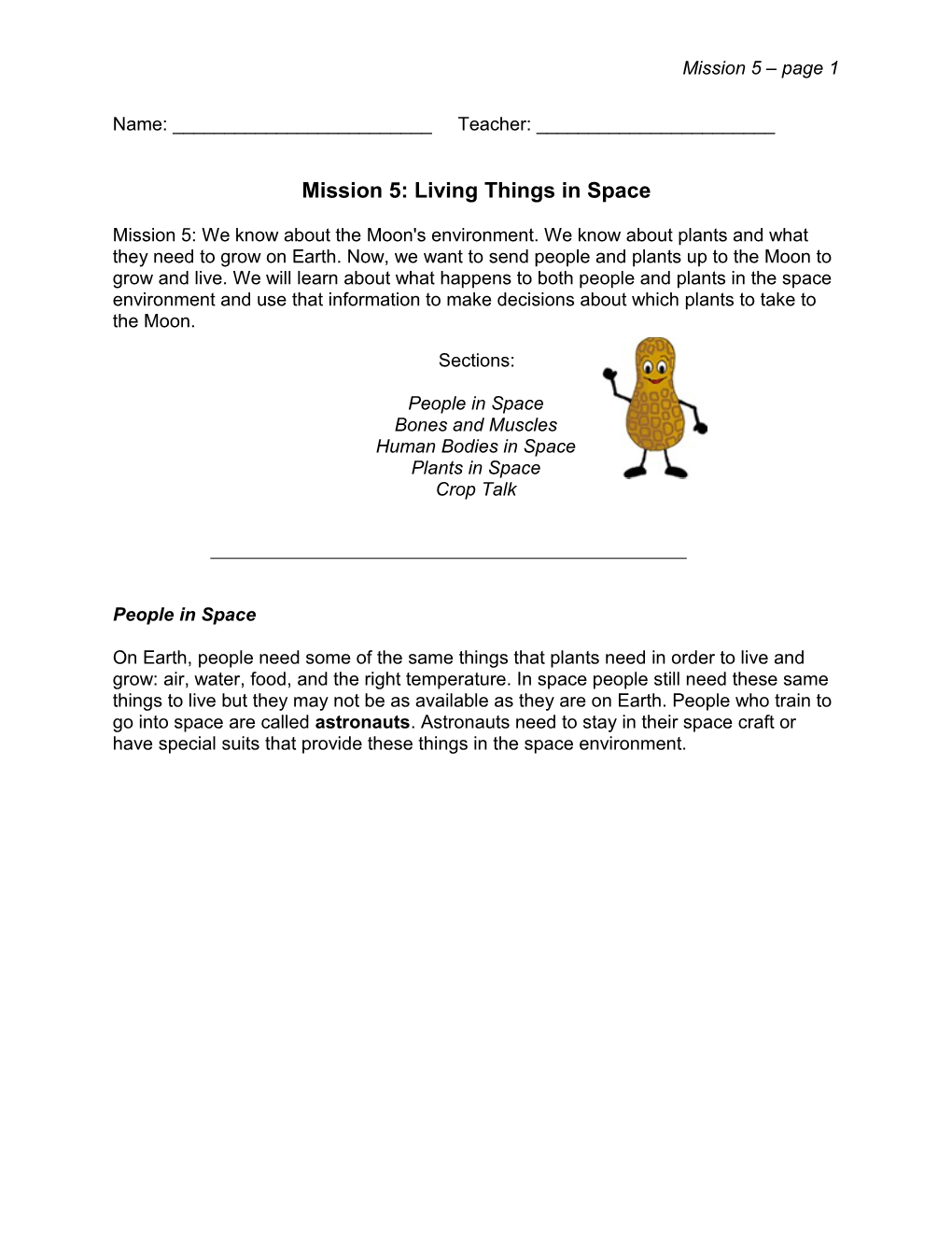 Mission 5: Living Things in Space