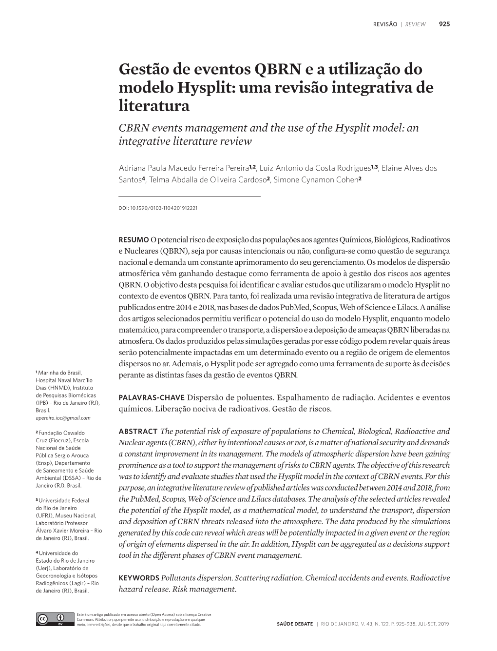 Gestão De Eventos QBRN E a Utilização Do Modelo Hysplit