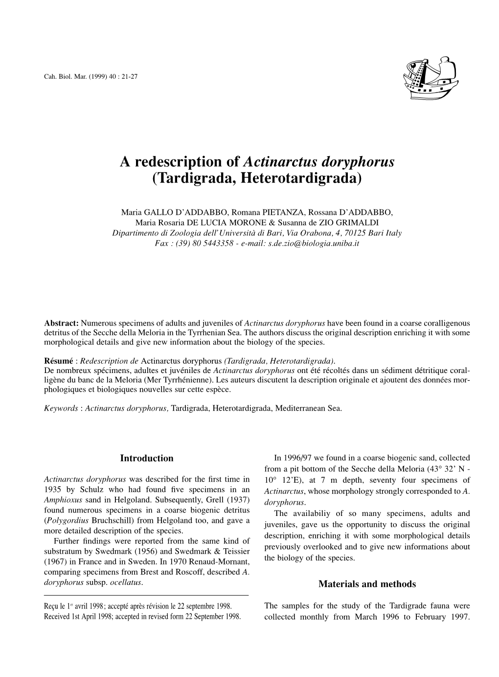 A Redescription of Actinarctus Doryphorus (Tardigrada, Heterotardigrada)