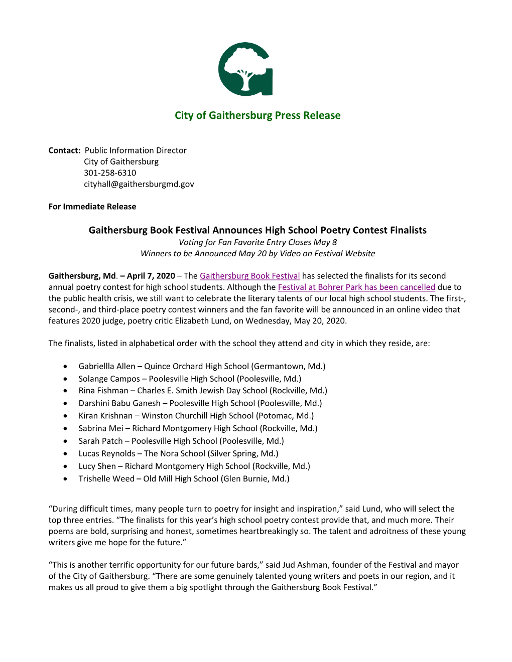City of Gaithersburg Press Release