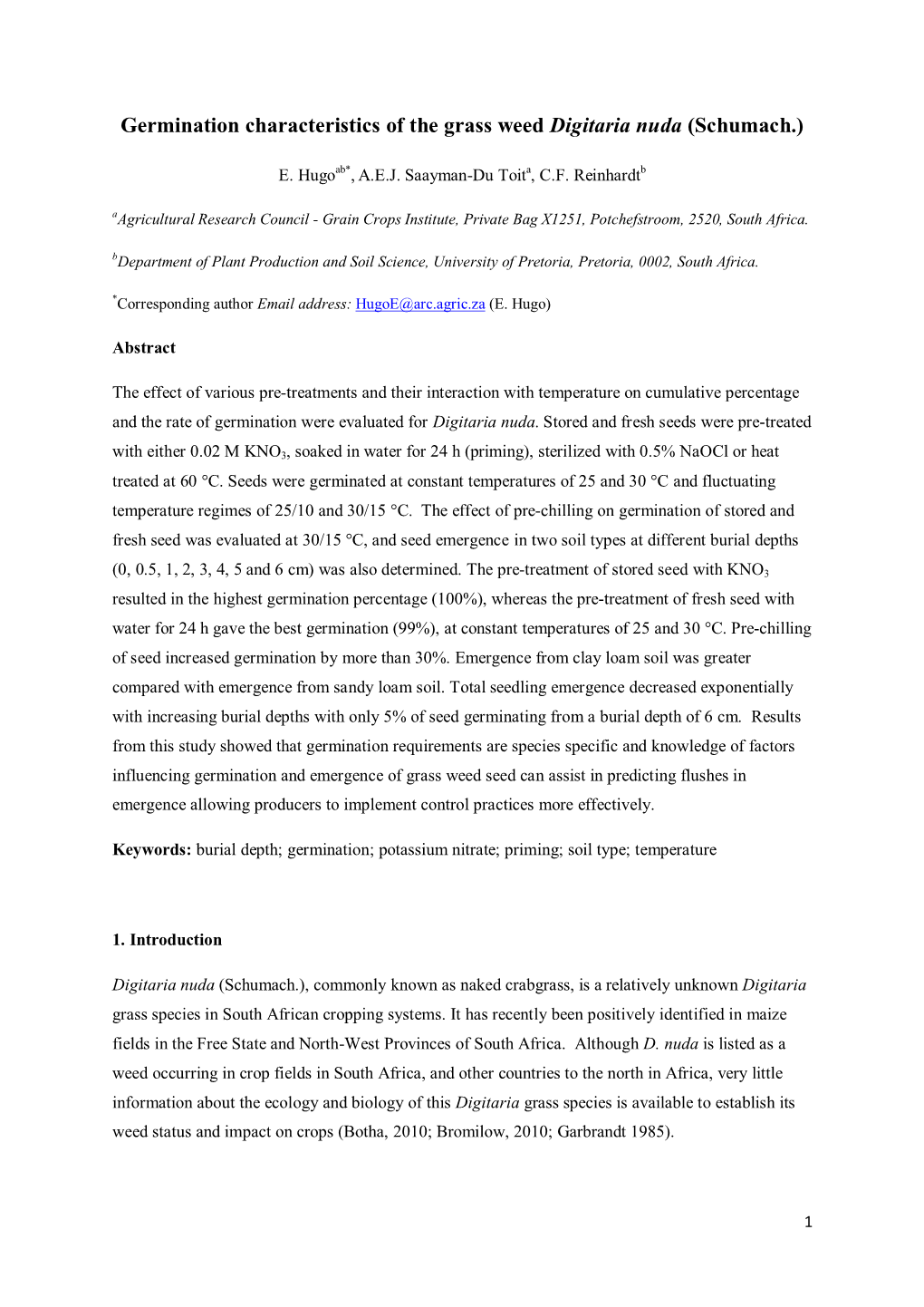 Germination Characteristics of the Grass Weed Digitaria Nuda (Schumach.)