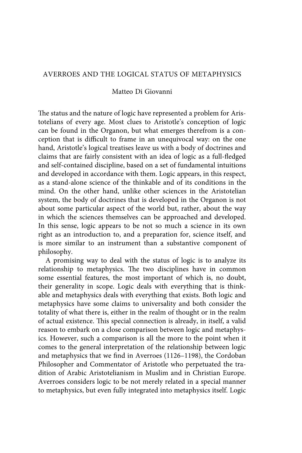 AVERROES and the LOGICAL STATUS of METAPHYSICS Matteo