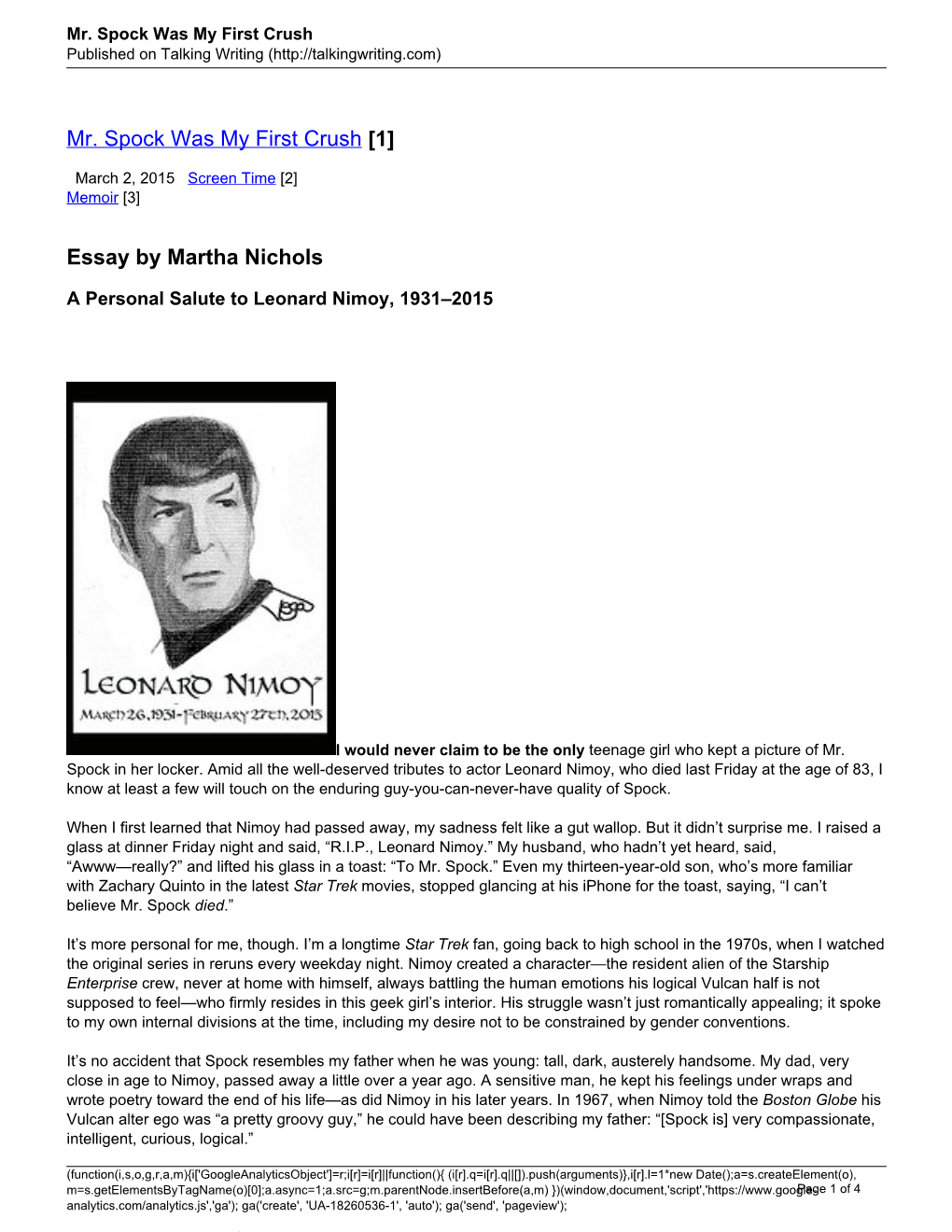 Mr. Spock Was My First Crush Published on Talking Writing (