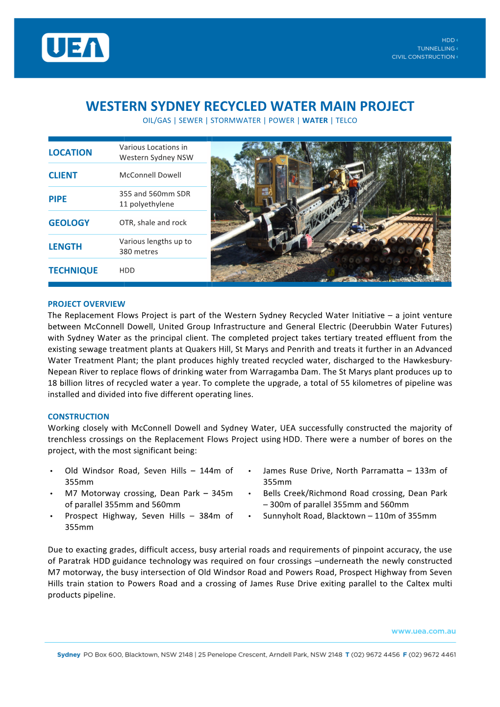 Western Sydney Recycled Water Main Project Oil/Gas | Sewer | Stormwater | Power | Water | Telco