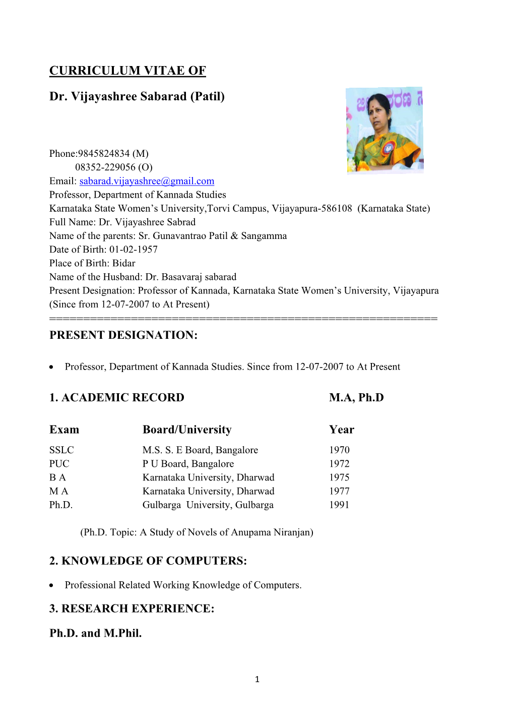 CURRICULUM VITAE of Dr. Vijayashree Sabarad (Patil)