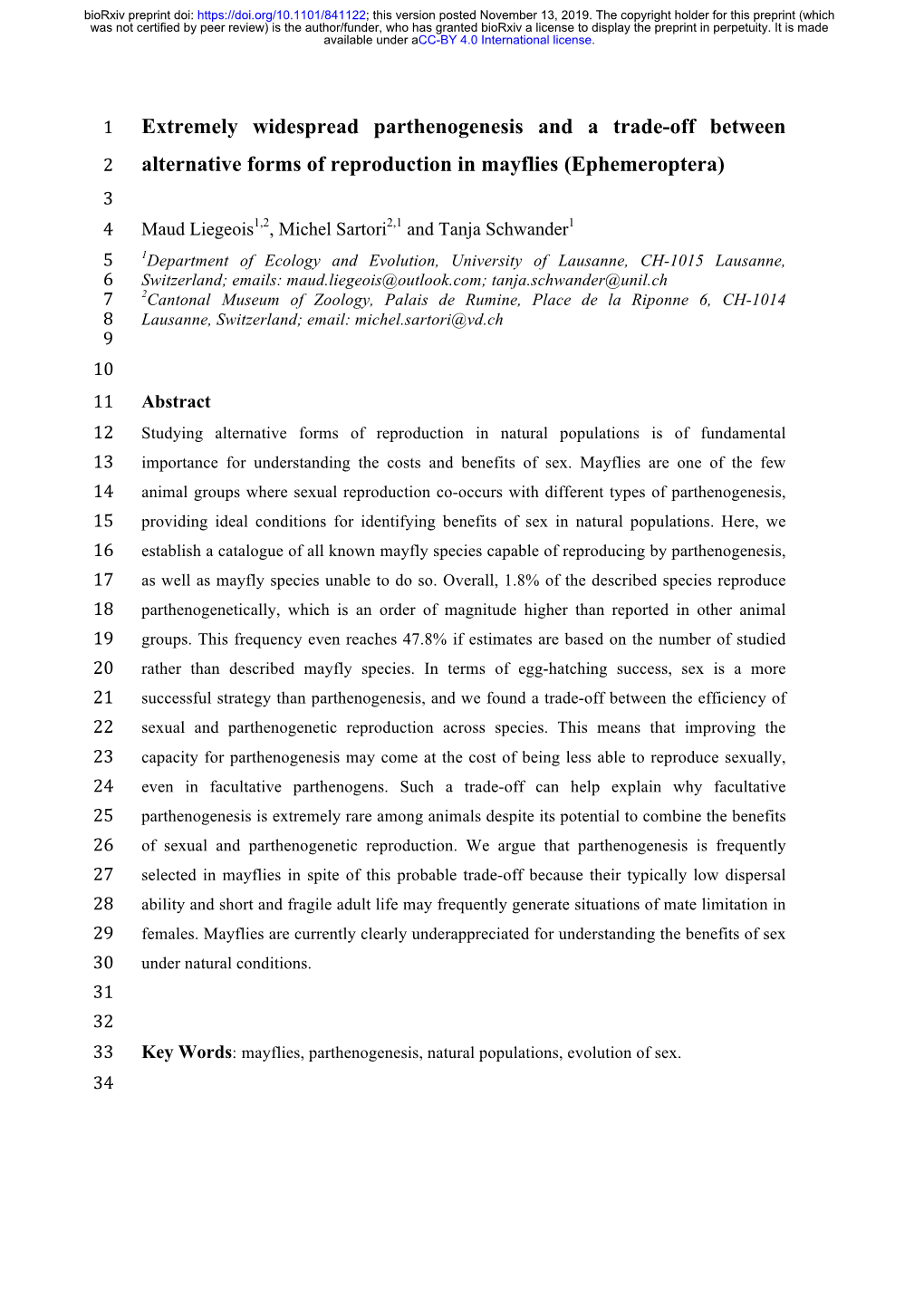 Extremely Widespread Parthenogenesis and a Trade-Off Between Alternative Forms of Reproduction in Mayflies (Ephemeroptera)