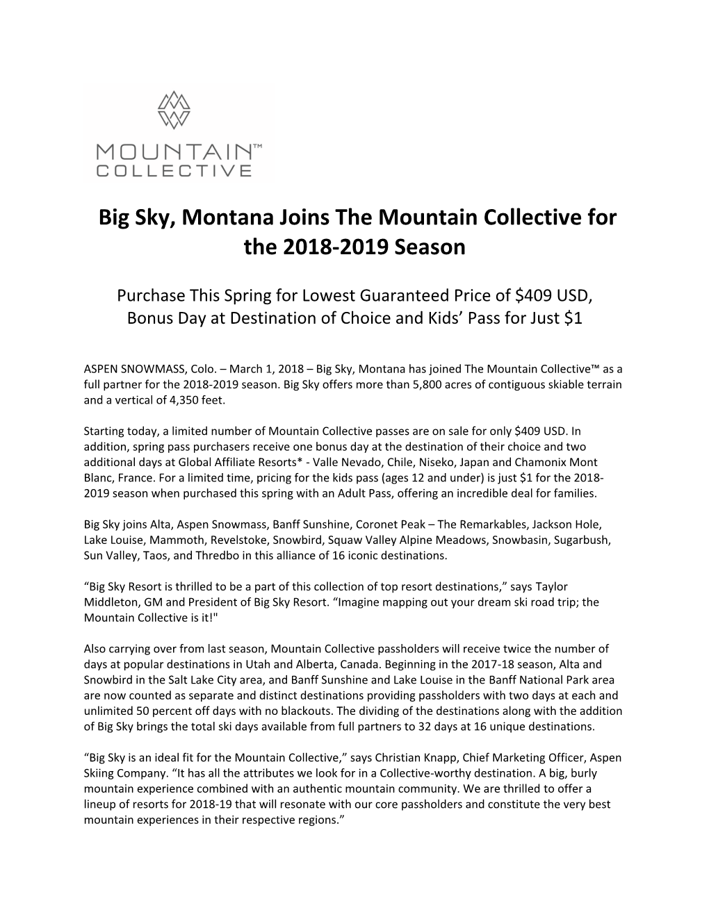 Big Sky, Montana Joins the Mountain Collective for the 2018-2019 Season