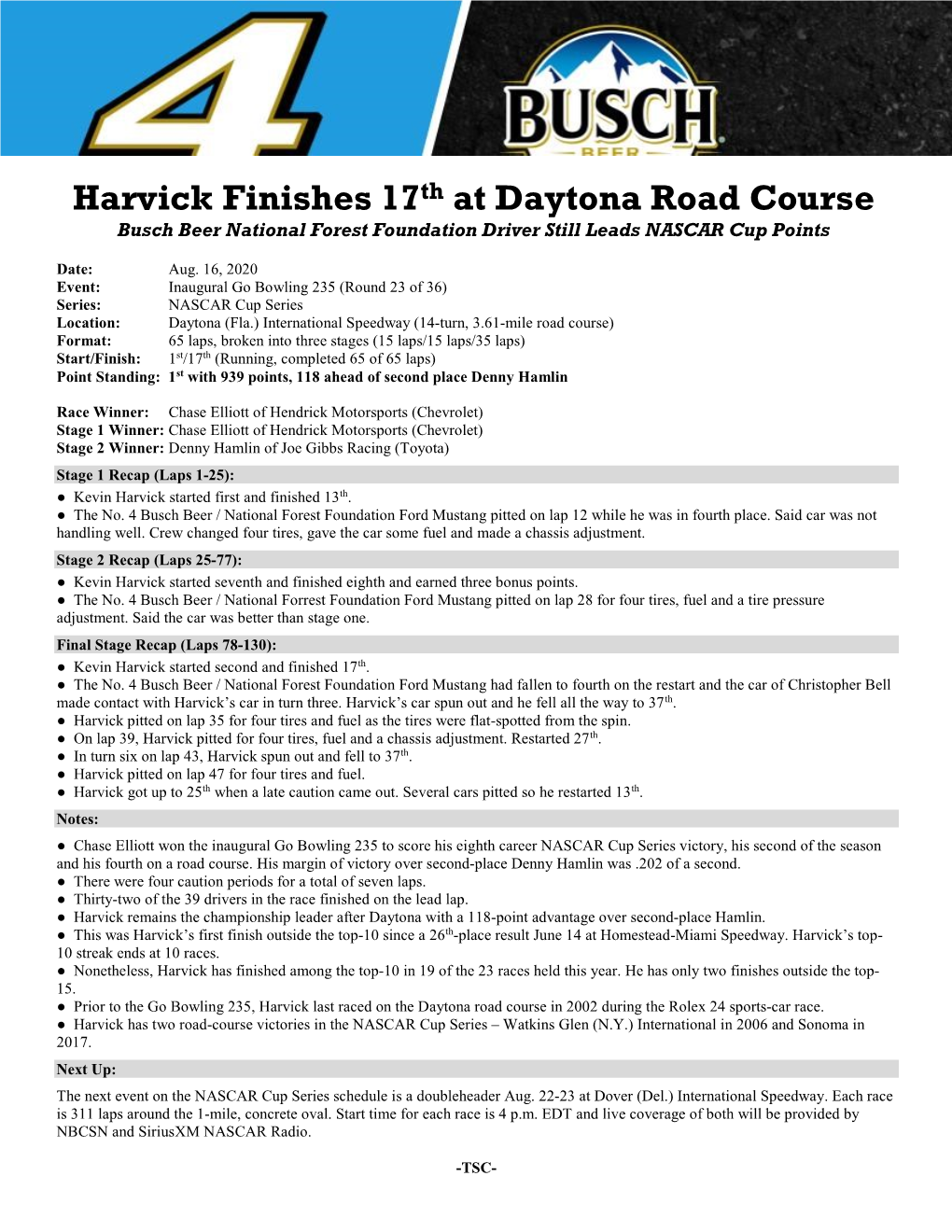 Harvick Finishes 17Th at Daytona Road Course Busch Beer National Forest Foundation Driver Still Leads NASCAR Cup Points