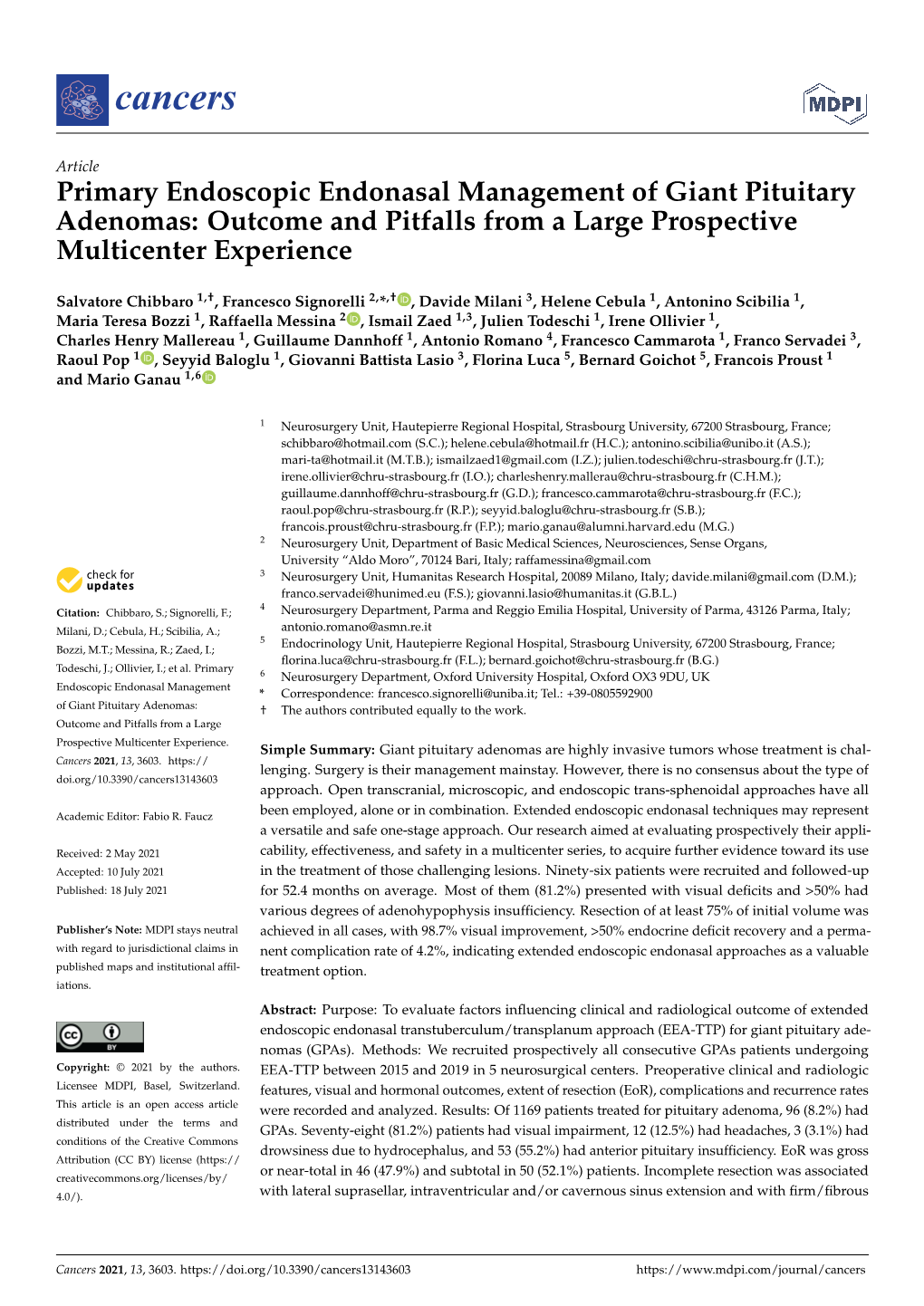 Primary Endoscopic Endonasal Management of Giant Pituitary Adenomas: Outcome and Pitfalls from a Large Prospective Multicenter Experience