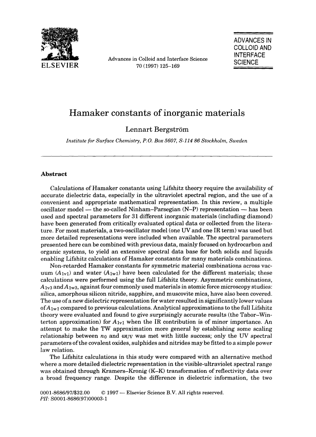 Hamaker Constants of Inorganic Materials