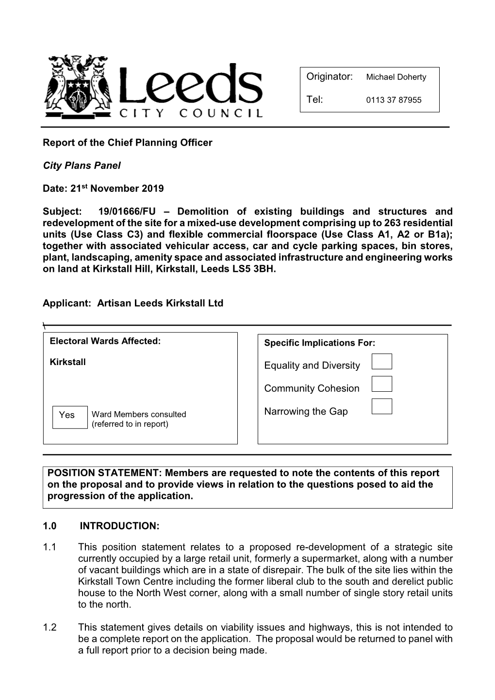 21St November 2019 Subject: 19/01666/FU – Demolition of Existing
