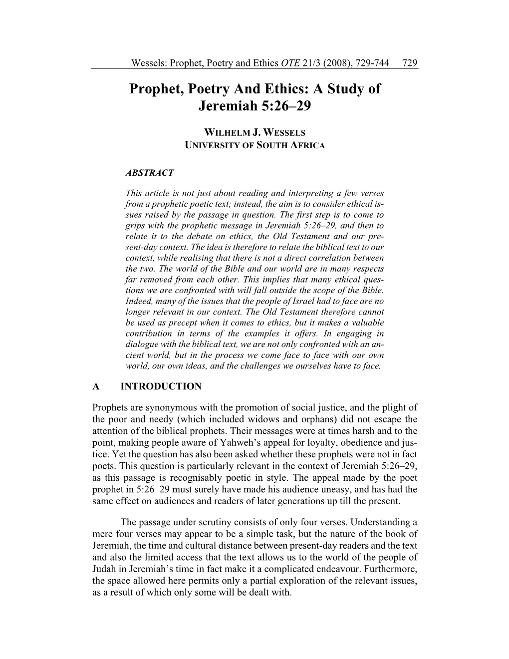 Prophet, Poetry and Ethics: a Study of Jeremiah 5:26–29