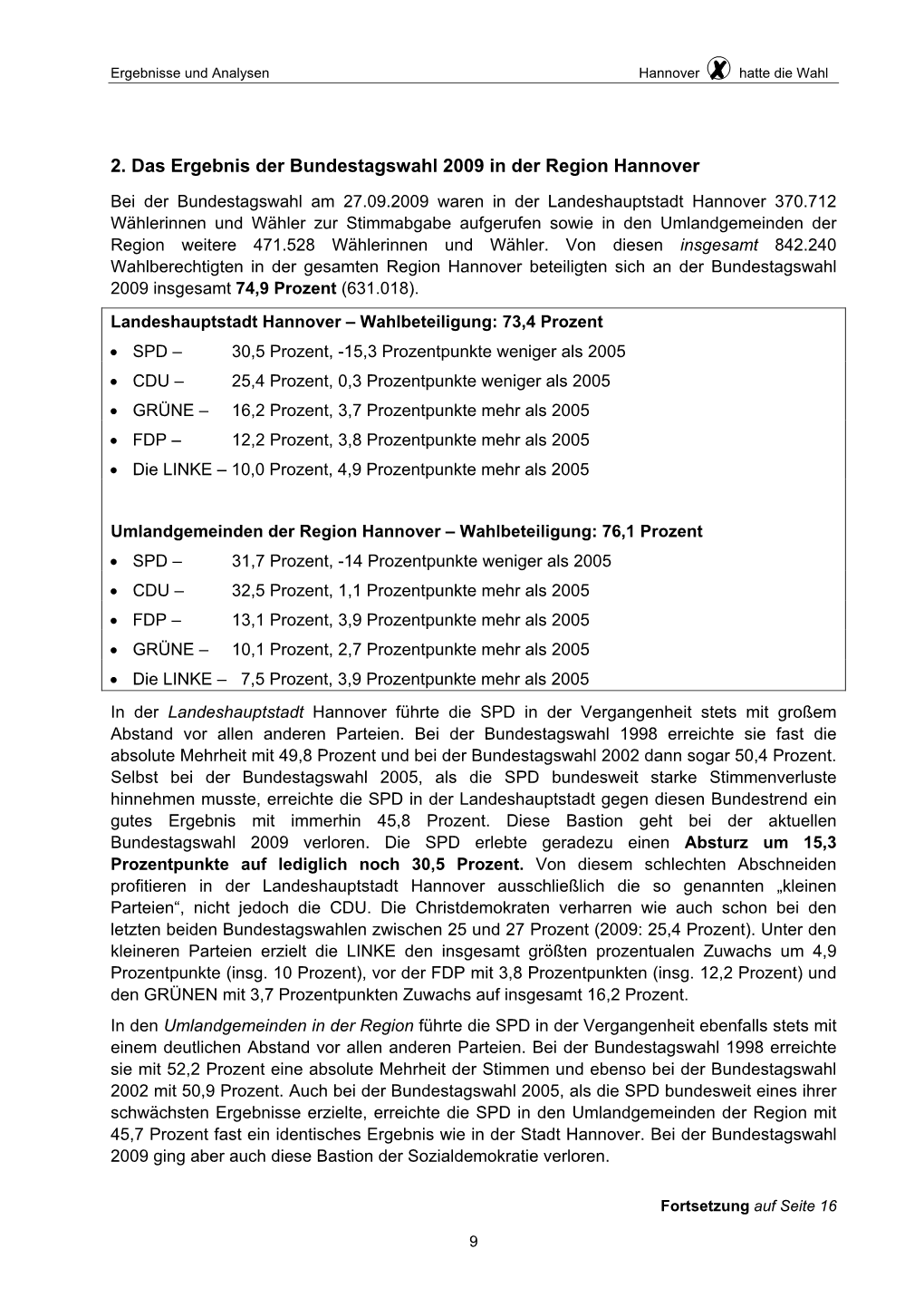 2. Das Ergebnis Der Bundestagswahl 2009 in Der Region Hannover