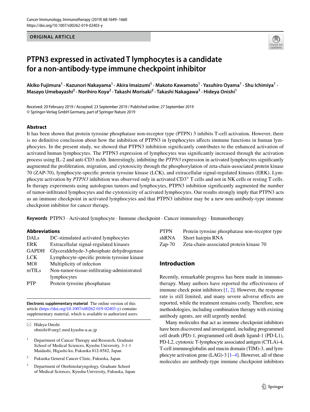 PTPN3 Expressed in Activated T Lymphocytes Is a Candidate for a Non-Antibody-Type Immune Checkpoint Inhibitor