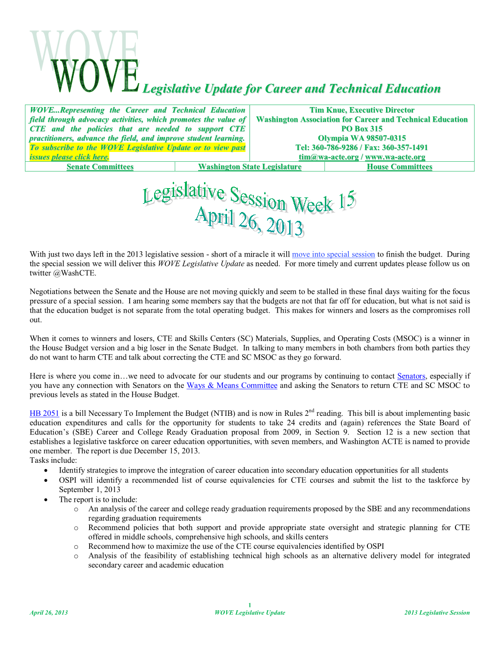 Legislative Update for Career and Technical Education