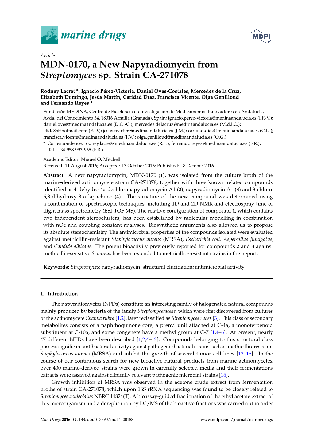 MDN-0170, a New Napyradiomycin from Streptomyces Sp. Strain CA-271078