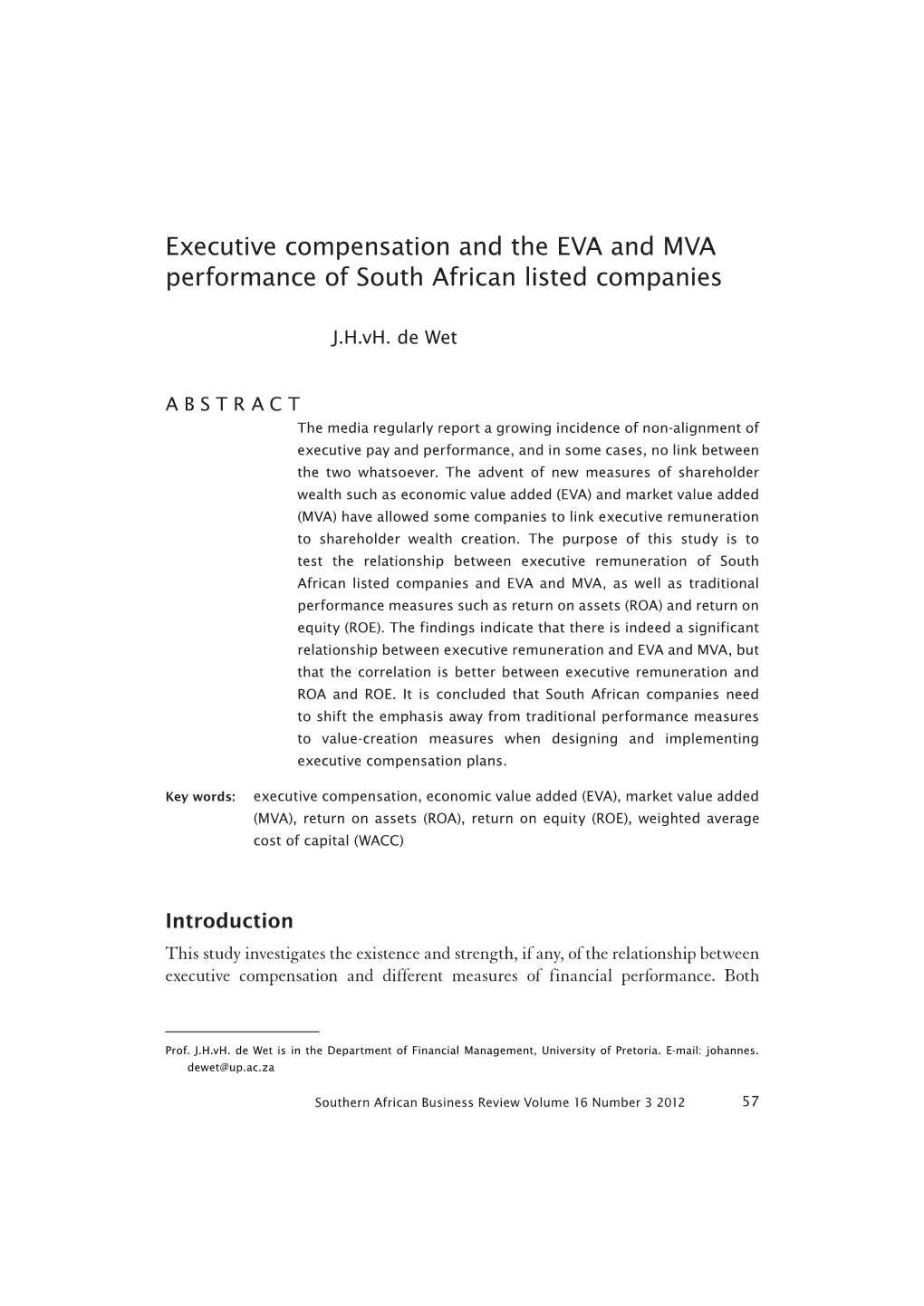 Executive Compensation and EVA and MVA Performance of SA Listed Companies