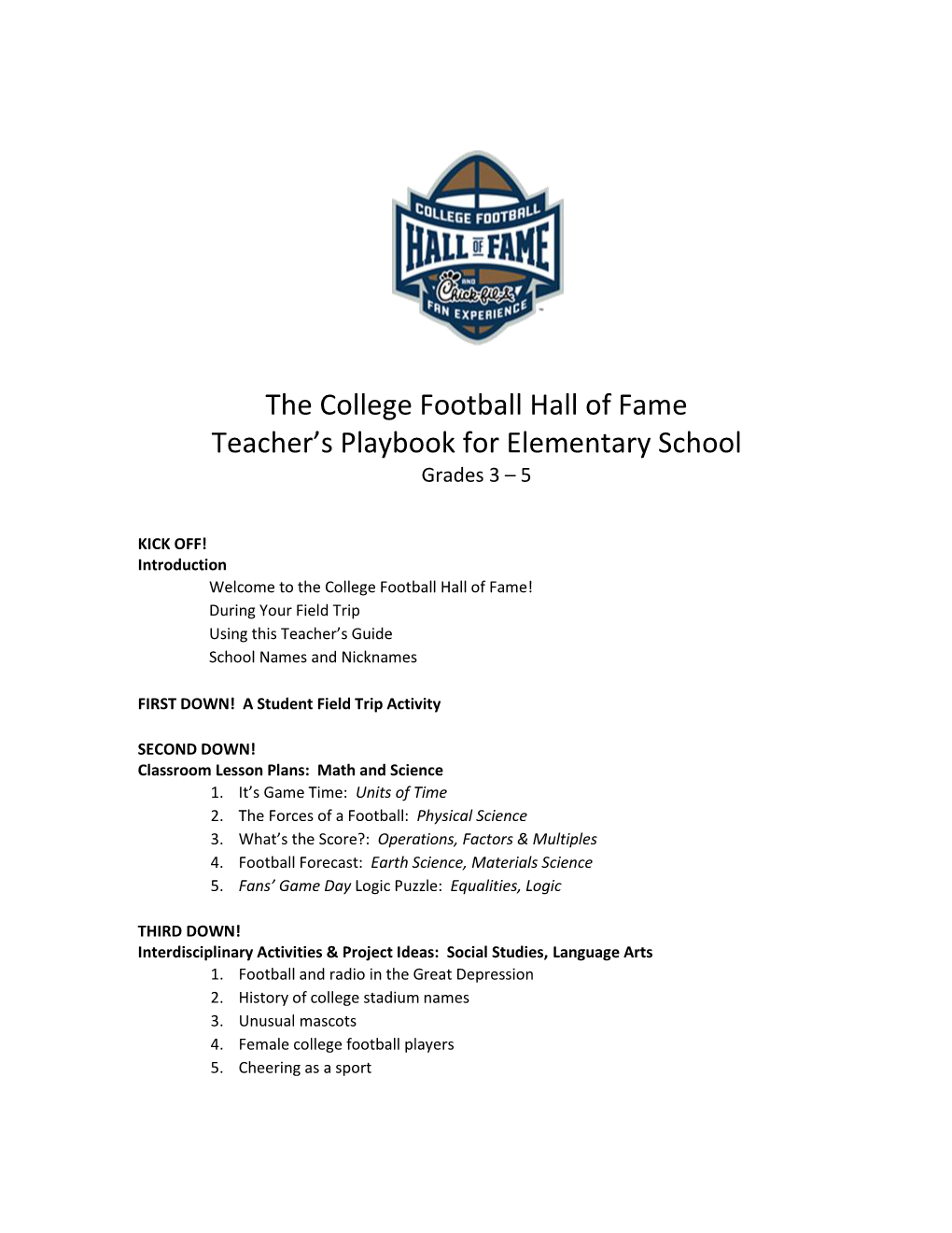 The College Football Hall of Fame Teacher's Playbook for Elementary