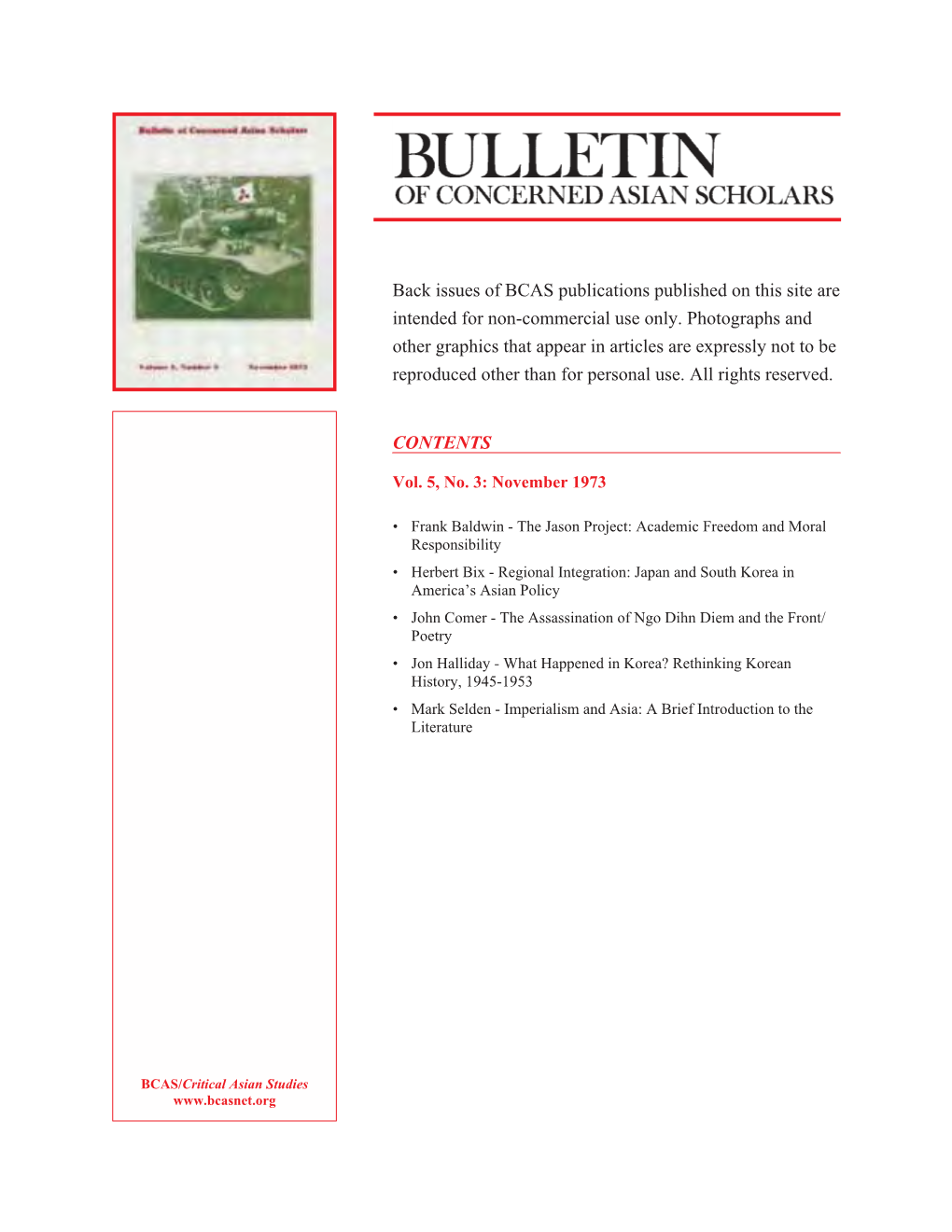 Back Issues of BCAS Publications Published on This Site Are Intended for Non-Commercial Use Only