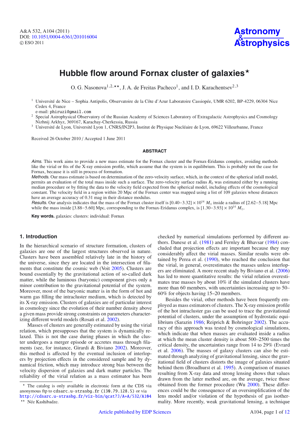 Hubble Flow Around Fornax Cluster of Galaxies⋆