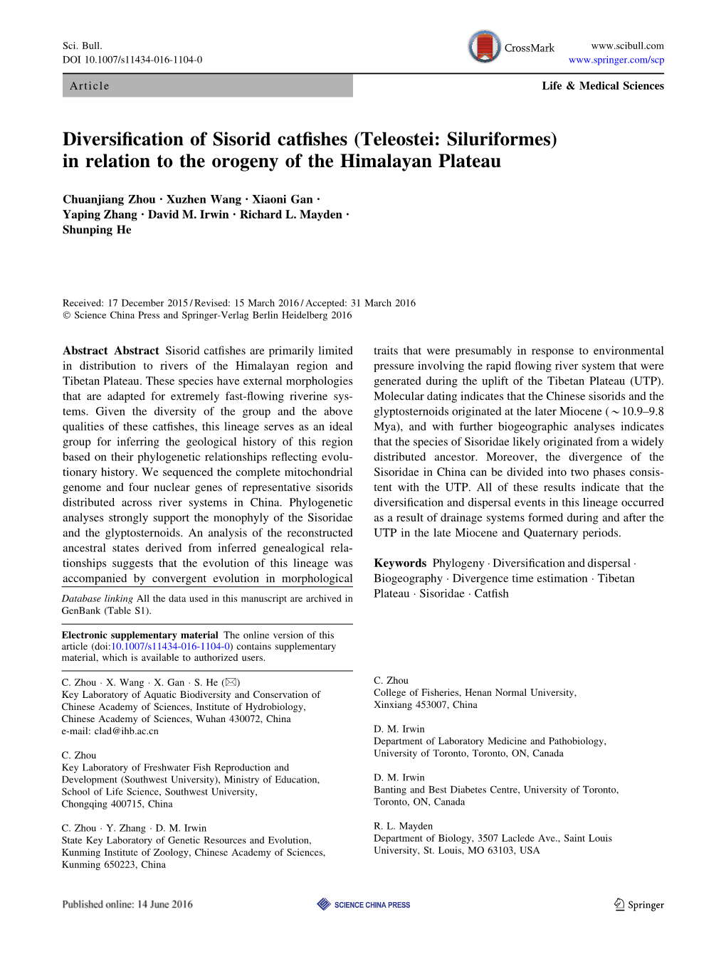 Diversification of Sisorid Catfishes (Teleostei: Siluriformes) in Relation
