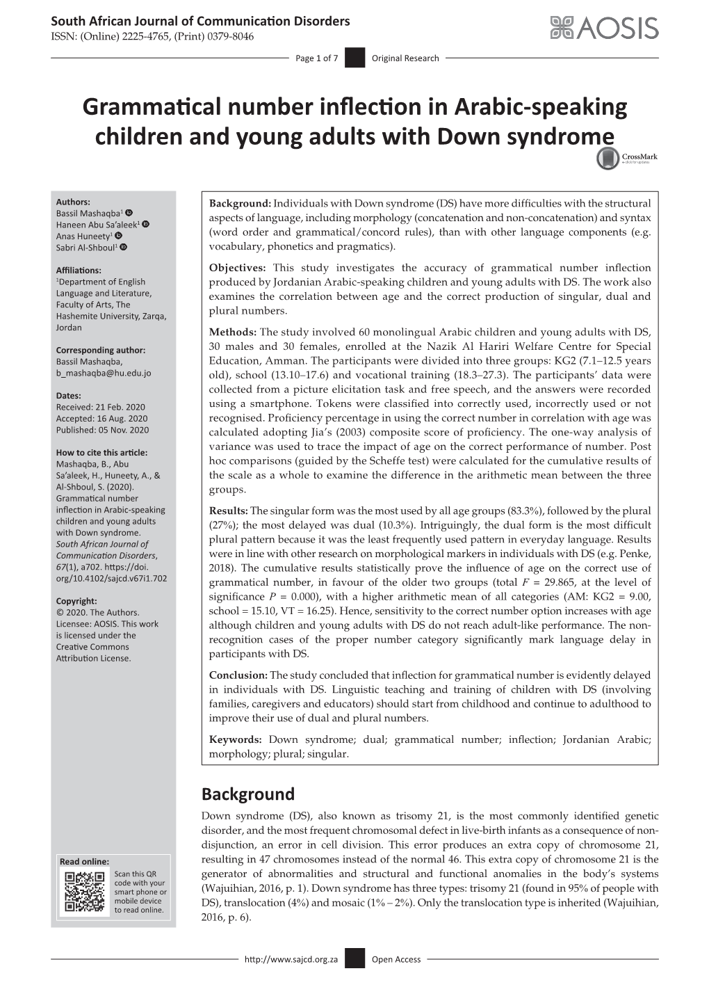 Grammatical Number Inflection in Arabic-Speaking Children and Young Adults with Down Syndrome