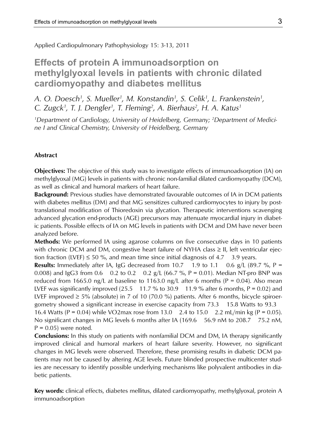 Effects of Protein a Immunoadsorption on Methylglyoxal Levels in Patients with Chronic Dilated Cardiomyopathy and Diabetes Mellitus A