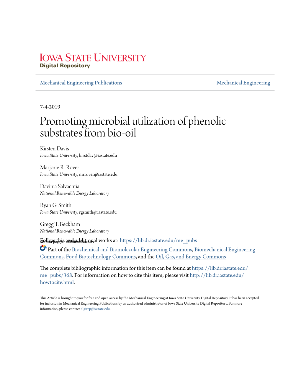 Promoting Microbial Utilization of Phenolic Substrates from Bio-Oil Kirsten Davis Iowa State University, Kirstdav@Iastate.Edu