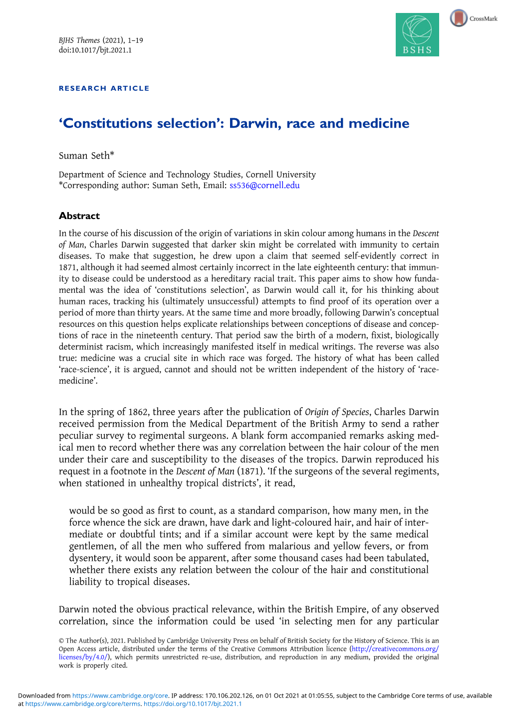 'Constitutions Selection': Darwin, Race and Medicine