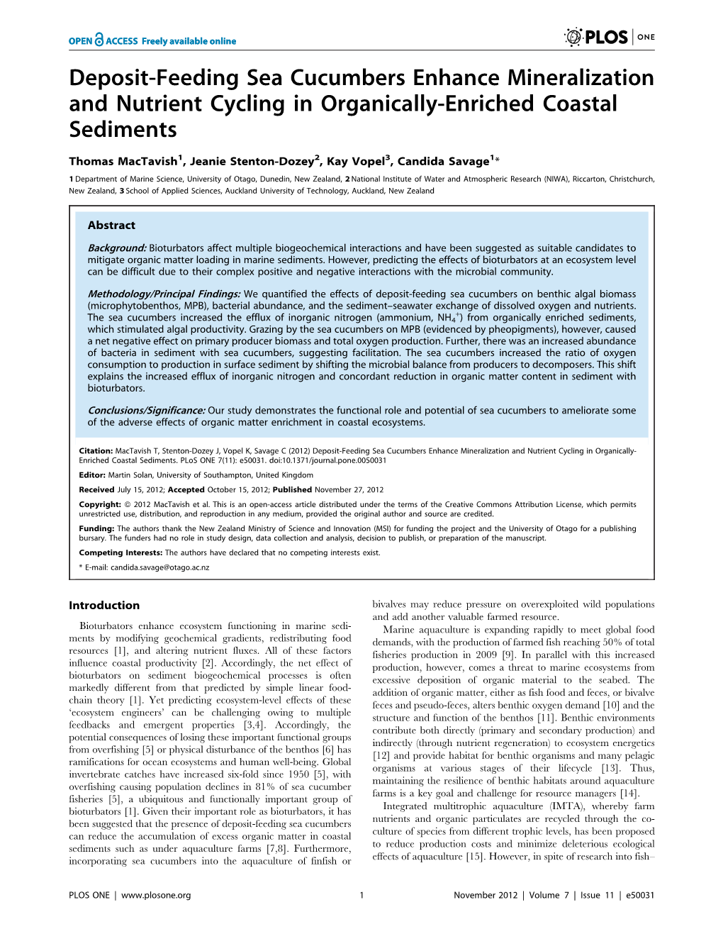 Deposit-Feeding Sea Cucumbers Enhance Mineralization and Nutrient Cycling in Organically-Enriched Coastal Sediments