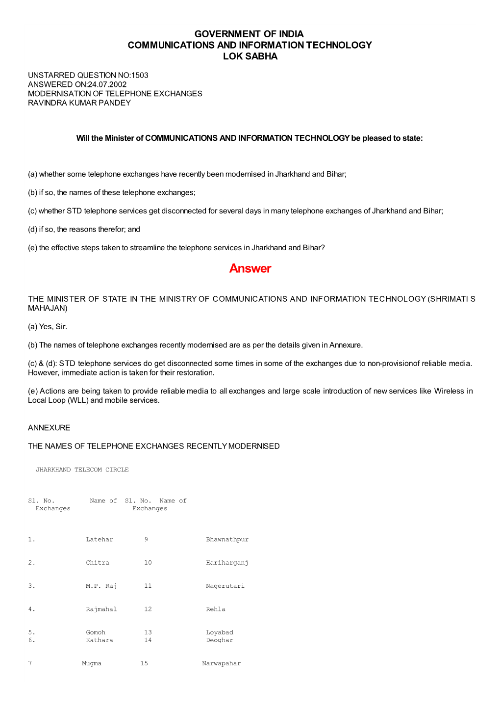 Answered On:24.07.2002 Modernisation of Telephone Exchanges Ravindra Kumar Pandey